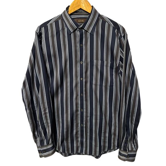 TASSO ELBA Men's Navy Charcoal Light Blue Striped Long Sleeve Dress Shirt | M - Picture 1 of 10